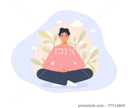 Men sitting on floor and meditating in lotus pose. Yoga meditation practice concept in cartoon style. Vector illustration Men sitting on floor and meditating in lotus pose. Yoga meditation practice concept in cartoon style. Vector illustration 77518904