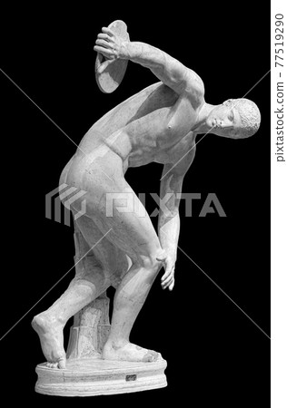 Discus thrower discobolus a part of the ancient Olympic Games. A Roman copy of the lost bronze Greek original. Isolated on black 77519290