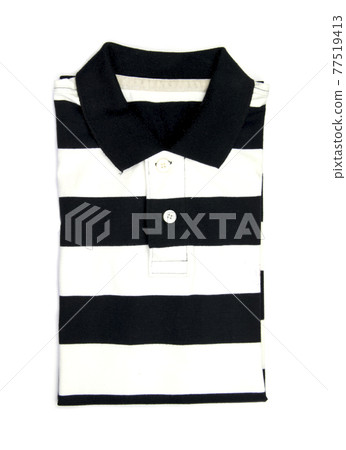 Top view of white and black stripe polo shirt on a white background Top view of white and black stripe polo shirt on a white background 77519413