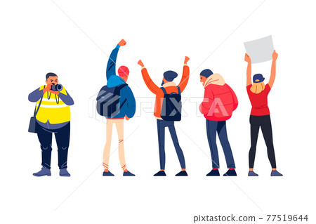 Press Photographer journalist taking photographs, documenting protest march through streets, demonstration against n unjust government. 77519644