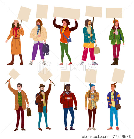 Collection of Protesters crowd man and woman holding empty banners. Activists protesting, political meeting, strike human rights. Vector illustration isolated Collection of Protesters crowd man and woman holding empty banners. Activists protesting, political meeting, strike human rights. Vector illustration isolated 77519688