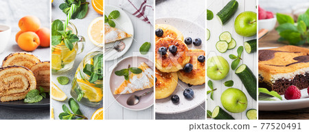 Collage of different photos of delicious food. A set of images with edible dishes. 77520491