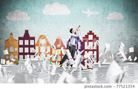 Happy businessman playing fife. 77521354