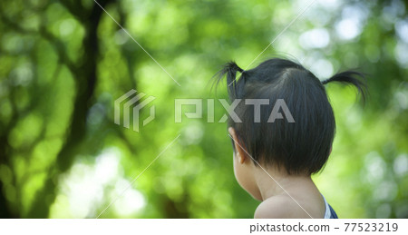 backside head of preschool girl in nature background 77523219