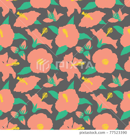 Seamless pattern with modern minimalist pink hibiscus flowers, buds and leaves. On gray background. 77523390