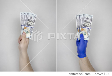 Hand in glove holds dollars with germs. The concept of dirty money as a carrier of bacteria and viruses Hand in glove holds dollars with germs. The concept of dirty money as a carrier of bacteria and viruses 77524102
