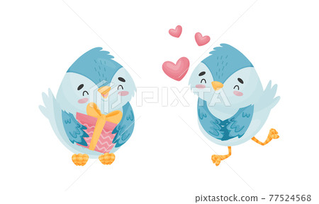 Cute Blue Bird Holding Gift Box and Feeling Love Vector Set 77524568