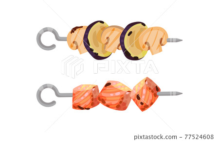 Meat and Vegetables Slabs Skewered on Metal Spits Vector Set 77524608