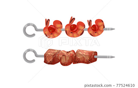 Meat and Vegetables Slabs Skewered on Metal Spits Vector Set 77524610