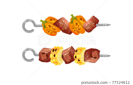 Meat and Vegetables Slabs Skewered on Metal Spits Vector Set 77524612