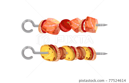 Meat and Vegetables Slabs Skewered on Metal Spits Vector Set 77524614