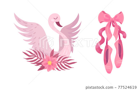 Swan with Spread Wings and Pointe Shoes as Ballet Accessory Vector Set Swan with Spread Wings and Pointe Shoes as Ballet Accessory Vector Set 77524619