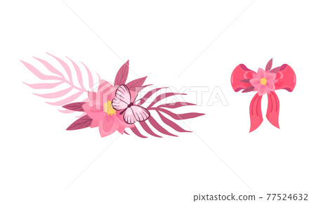 Ribbon Bow and Floral Decoration as Ballet Accessory Vector Set 77524632