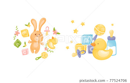 Newborn and Baby Accessories Arranged in Sweet Composition with Floral Elements Vector Set 77524706