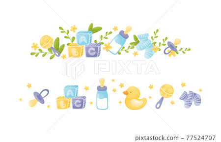 Newborn and Baby Accessories Arranged in Sweet Composition with Floral Elements Vector Set 77524707