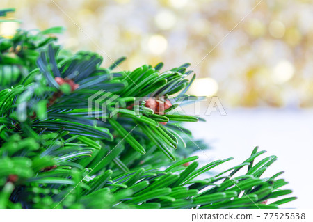 Natural fir tree branch in christmas composition. Natural fir tree branch in christmas composition. 77525838