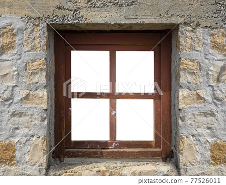 Vintage wooden window on a rustic cabine stone wall with blank space for copy Vintage wooden window on a rustic cabine stone wall with blank space for copy 77526011