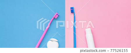 Teeth hygiene and oral care products flatlay Teeth hygiene and oral care products flatlay 77526155