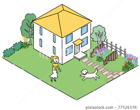 Longing Suburban Home-Playing in the Garden with Pets 77526376