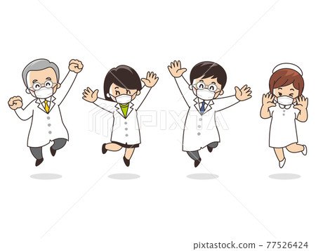 Jumping medical staff, doctors, nurses, wearing masks Jumping medical staff, doctors, nurses, wearing masks 77526424