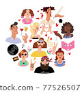 Circle set of female and male avatars with faces and hands and elements 77526507