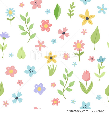 Easter spring pattern with cute flowers and leaves. Hand drawn flat cartoon elements. illustration 77526648