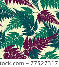 Seamless decorative pattern with green, blue and purple tropical forest fern leaves isolated on light yellow background. Vector eps10 background in flat retro vintage style. 77527317