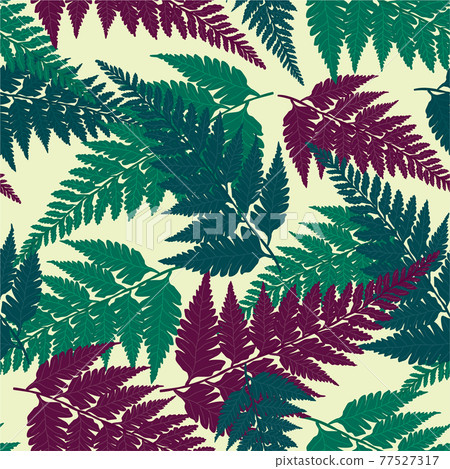 Seamless decorative pattern with green, blue and purple tropical forest fern leaves isolated on light yellow background. Vector eps10 background in flat retro vintage style. 77527317