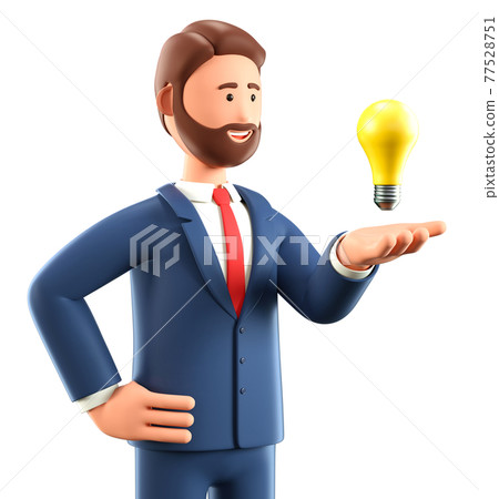 3D illustration of smiling creative man looking at the bulb over hand. 77528751