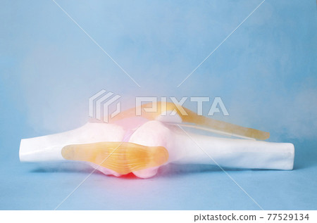 Knee joint mockup on a blue background and liquid nitrogen. Joint treatment concept with ozone therapy. Ultra-low temperature treatment Knee joint mockup on a blue background and liquid nitrogen. Joint treatment concept with ozone therapy. Ultra-low temperature treatment 77529134