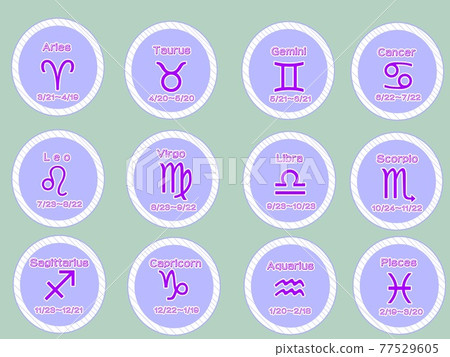 紫色環 12 星座圖標設置在綠色背景 77529605