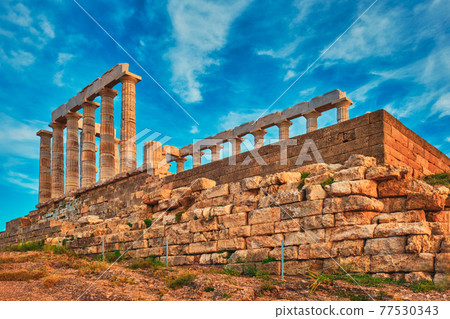 Poseidon temple ruins on Cape Sounio on sunset, Greece Poseidon temple ruins on Cape Sounio on sunset, Greece 77530343