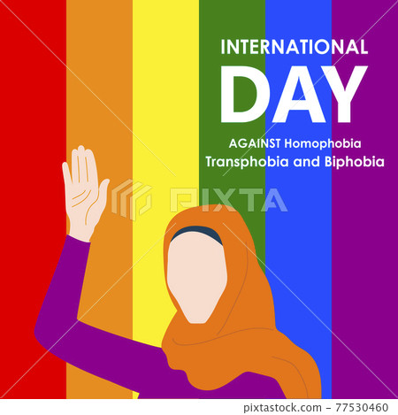 The International Day Against Homophobia, Transphobia and Biphobia. Hashtag IDAHOT. Beautiful LGBT girl in the hijab on a background painted in the colors of the LGBT community. Vector. Eps 10. 77530460