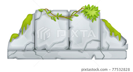 Stone vector sign board, vector cartoon cracked rock panel, moss, vine, green leaf isolated on white 77532828