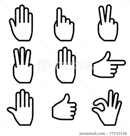 Hand gesture icon. A set of line drawings on a white background. Vector image. Pointing, GOOD, stop and OK signal 77533536