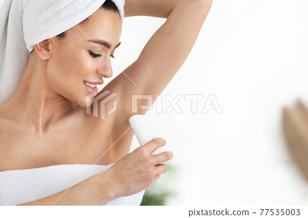 Hygiene routine, sweat and smell protection, skin care cosmetics, morning procedure 77535003