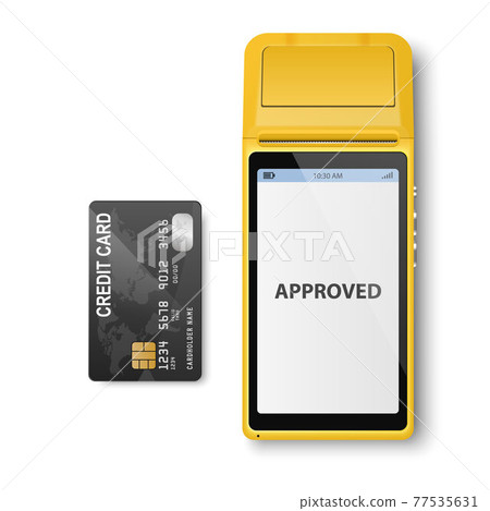 Vector Realistic Yellow 3d Payment Machine. POS Terminal, Credit Card Closeup Isolated. Approved Payment. Design Template of Bank Payment Terminal, Mockup. Processing NFC Payments Device. Top View Vector Realistic Yellow 3d Payment Machine. POS Terminal, Credit Card Closeup Isolated. Approved Payment. Design Template of Bank Payment Terminal, Mockup. Processing NFC Payments Device. Top View 77535631