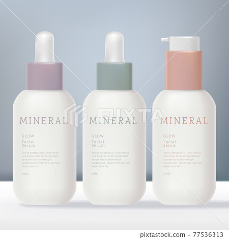 Vector Opaque Matte White Dropper Bottle and Mini Serum Pump or Dispenser Bottle with Pastel Color Collar Design. Vector Opaque Matte White Dropper Bottle and Mini Serum Pump or Dispenser Bottle with Pastel Color Collar Design. 77536313