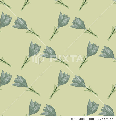 Pale blue seamless pattern with contoured outline crocus flower ornament. Light beige background. Simple style. 77537067