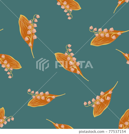 Orange random lily of the valley spring flowers seamless pattern. Turquoise background. Doodle style. 77537154