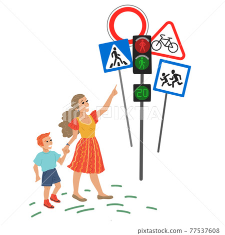 Mom and child cross the road, traffic signs and traffic lights, teaching children safety rules on the road. Vector sketch characters on a white background. Mom and child cross the road, traffic signs and traffic lights, teaching children safety rules on the road. Vector sketch characters on a white background. 77537608