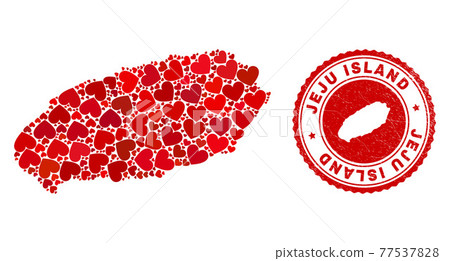 Valentine Mosaic Jeju Island Map and Grunge Seal with Map Inside 77537828