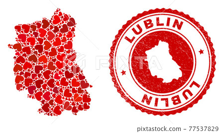Heart Collage Lublin Voivodeship Map and Grunge Stamp with Map Inside 77537829