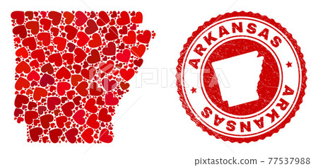 Lovely Collage Arkansas State Map and Grunge Stamp Seal with Map Inside 77537988