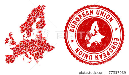 Valentine Collage European Union Map and Grunge Badge with Map Inside 77537989