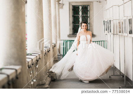 Beautiful fashion bride in wedding dress posing Beautiful fashion bride in wedding dress posing 77538034