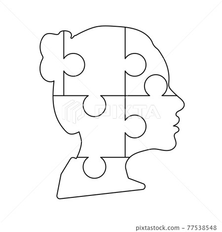 Black detailed woman face profile made up by six puzzles pieces on white 77538548