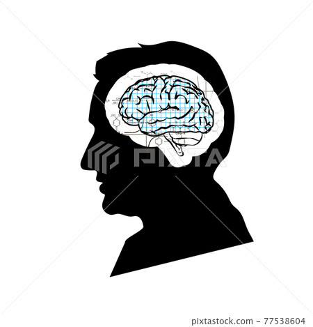 Black detailed mans face profile with math technical brain on white Black detailed mans face profile with math technical brain on white 77538604