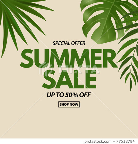 Summer sale poster. Natural Background with Tropical Palm and Monstera Leaves, exotic flower. Vector Illustration Summer sale poster. Natural Background with Tropical Palm and Monstera Leaves, exotic flower. Vector Illustration 77538794