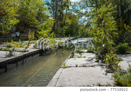 garbage, plastic bags and waste on industrial city river after spring flood garbage, plastic bags and waste on industrial city river after spring flood 77538922